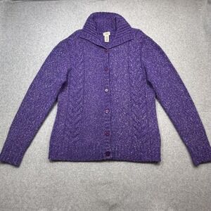 LL Bean Cardigan Sweater Womens XL Purple Fleck Cable Knit Shawl Wool‎ Blend